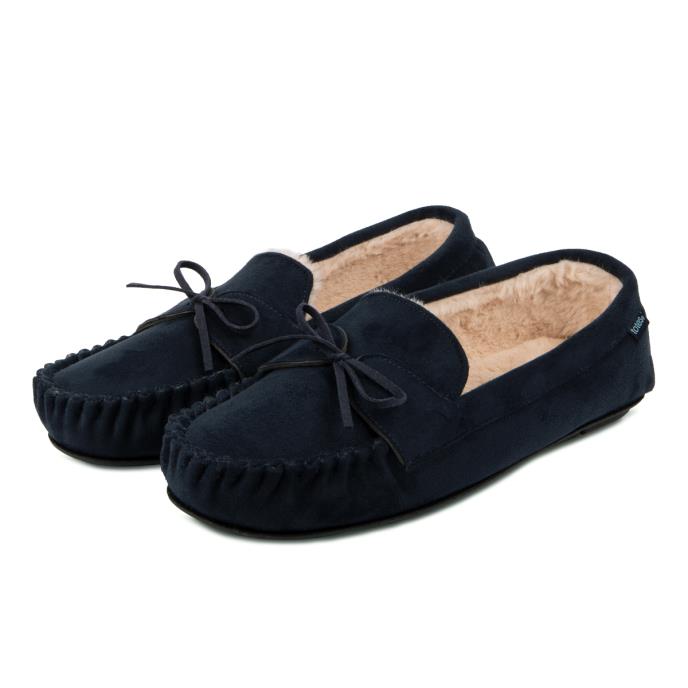 totes Mens Suedette Moccasin Slippers With Faux Fur Lining Navy Extra Image 2